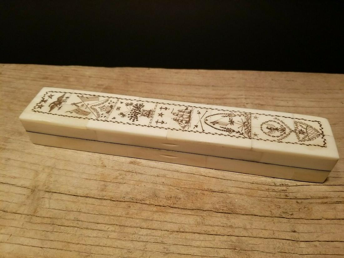 Americana Scrimshaw Etched Bone & Wood Box w Pen: Wonderful new reproduction scrimshaw carved bovine bone box. As you can see this piece is tiled with bone on wood and decorated with a design typical of the period. Nice felt interior bottom as you ca