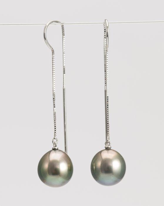 10x11mm Peacock Tahitian Pearl Drops - 14 kt. White: Title: 10x11mm Peacock Tahitian Pearl Drops - 14 kt. White gold - Earrings Description: "A pair of elegant white gold earrings featuring a beautiful pair of Peacock Tahitian pearls, noted for their re