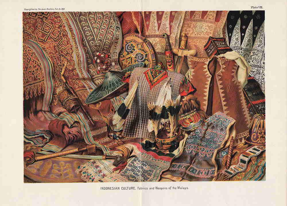 Double-page chromolith of Indonesian Culture, 1893 (1 of 3)