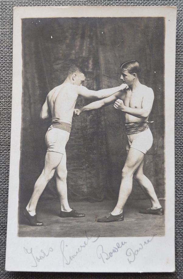 1910's Male Boxers in Motion Semi-Nude, Davie Bowen: Title: 1910's Male Boxers in Motion Semi-Nude, Davie Bowen Date/Period: 1900's-1910's Dimension: 5 1/2" x 3 1/2" Materials: Matte RPPC Additional Information: Beautiful Early Boxing Photo, signed Your
