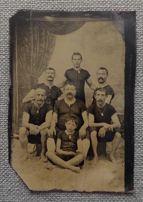 Tintype of 7 Male Swimmers in Bathing Suits, Mustaches (1 of 1)