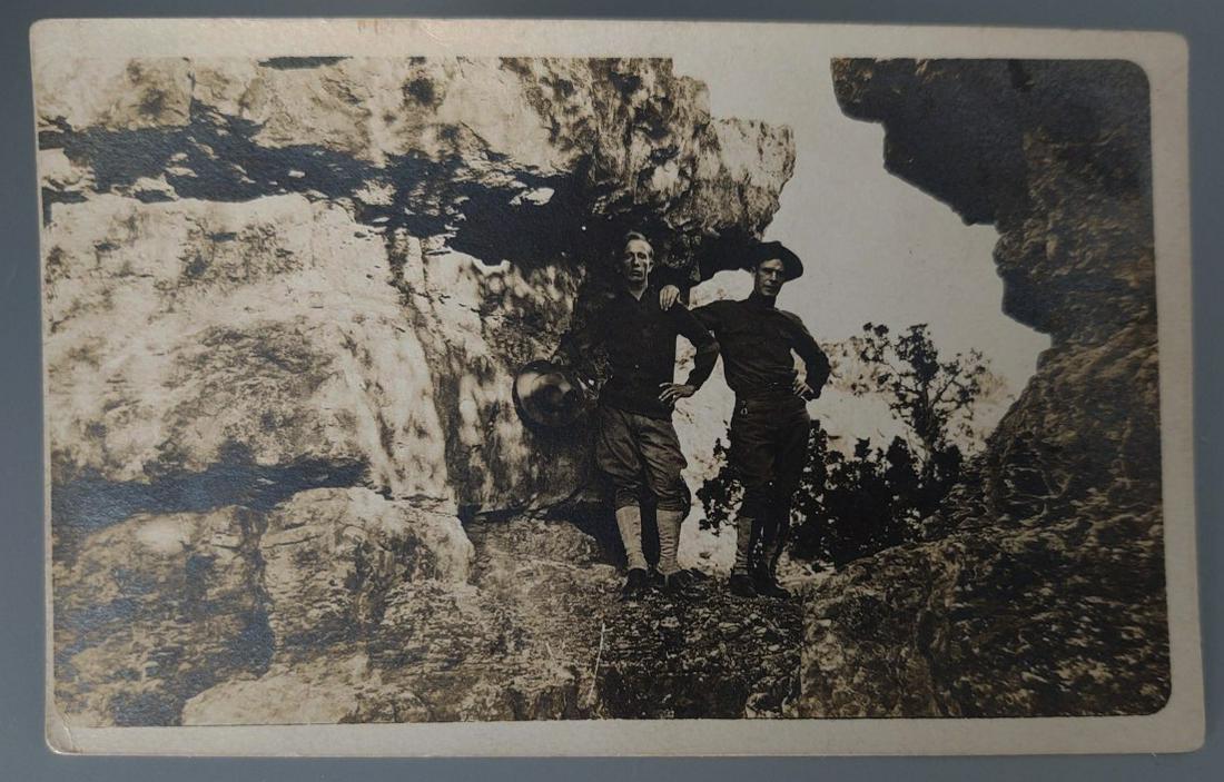 Affectionate Male Hikers interesting Posing & Clothing: Title: Affectionate Male Hikers interesting Posing & Clothing Date/Period: Circa 1910 Dimension: 5 1/2" x 3 1/2" Materials: Matte RPPC Silver Print Additional Information: Intriguing Image of two affe