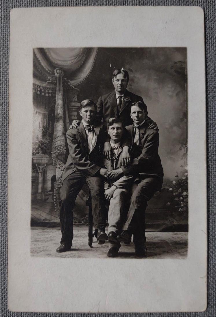 Fun 1910's Portrait of 4 Affectionate Men: Title: Fun 1910's Portrait of 4 Affectionate Men Date/Period: 1910s Dimension: 5 1/2" x 3 1/2" Materials: RPPC Matte Silver Print Additional Information: Jovial & Handsy Affectionate Male Friends Port