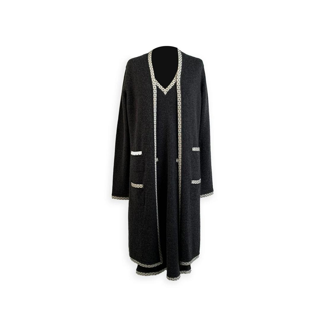 Chanel Gray Cashmere Long Cardigan and Dress Set Size: Chanel gray pure cashmere set consisting of a long cardigan with sleevless dress. The cardigan has a long cut with a open front design 4 pockets on the front and contrast borders. The dress has a shea