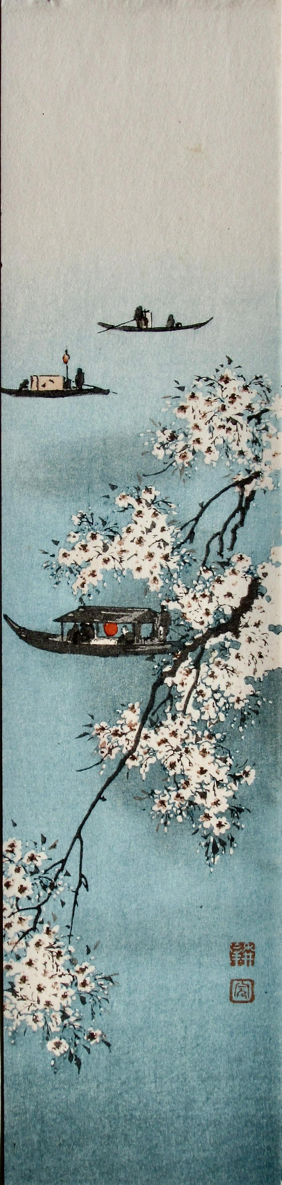Shoda Koho: Pleasure Boat and Cherry Blossoms: Artist: Shoda KOHO (1871-1946) Subject: Pleasure Boat and Cherry Blossoms Publisher: Nishinomiya Seal: Koho Date: 1930s Format: tanzaku, 7.8 x 33.4 cm Condition: Fine impression, color and condition R