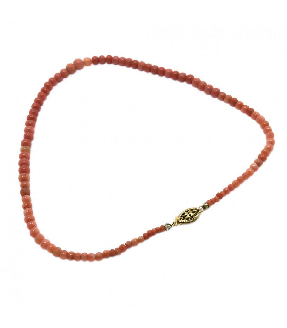 Coral Necklace with GF Clasp: Overview Vintage Fine Jewelry from the 40s Materials: Coral, 14K Gold Filled This necklace has a strand genuine graduated coral beads up to 8 mm and 14K gold filled clasp. Dimensions: 17 inch Conditio