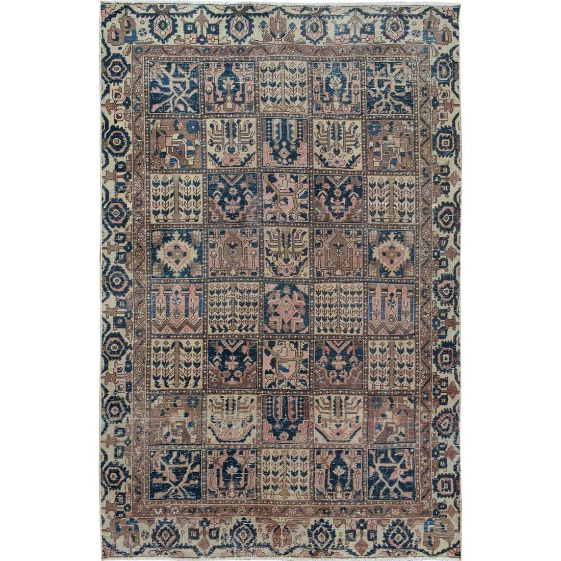 Blue Worn Down PersianBakhtiari Garden Design: Title: Blue Worn Down PersianBakhtiari Garden Design HandKnotted Oriental Rug Date/Period: 2018 and above Origin: IRAN (Islamic Republic of Iran) Dimension: Exact Size: 6'0" x 9'0" Material: Worn Wool