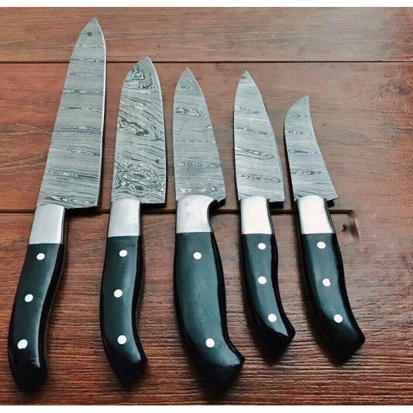 Set of 5 chef kitchen damascus steel knife buffalo horn (1 of 4)