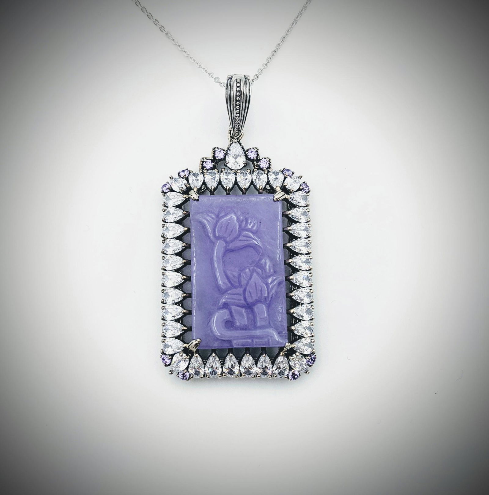 Necklace w Engraved Violet Jade, Amethyst & CZ Pendant (1 of 3)