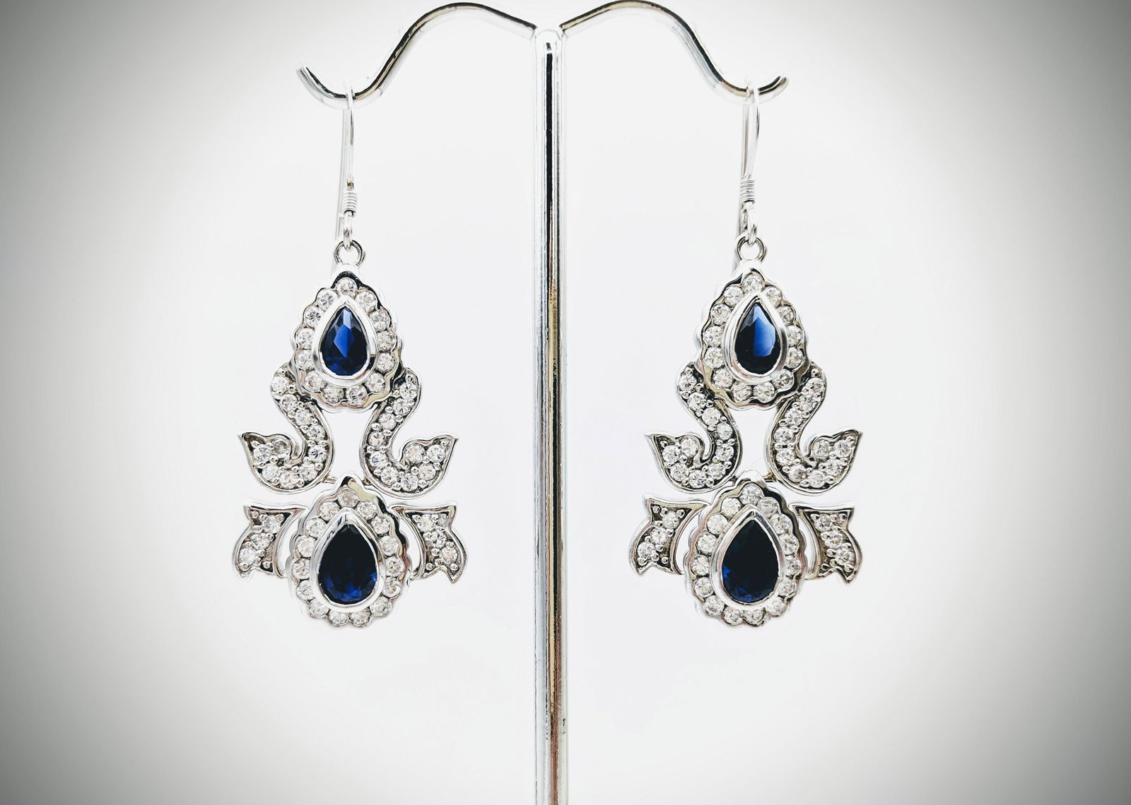 Sterling Silver Baroque Style Earrings w Blue Sapphire (1 of 3)