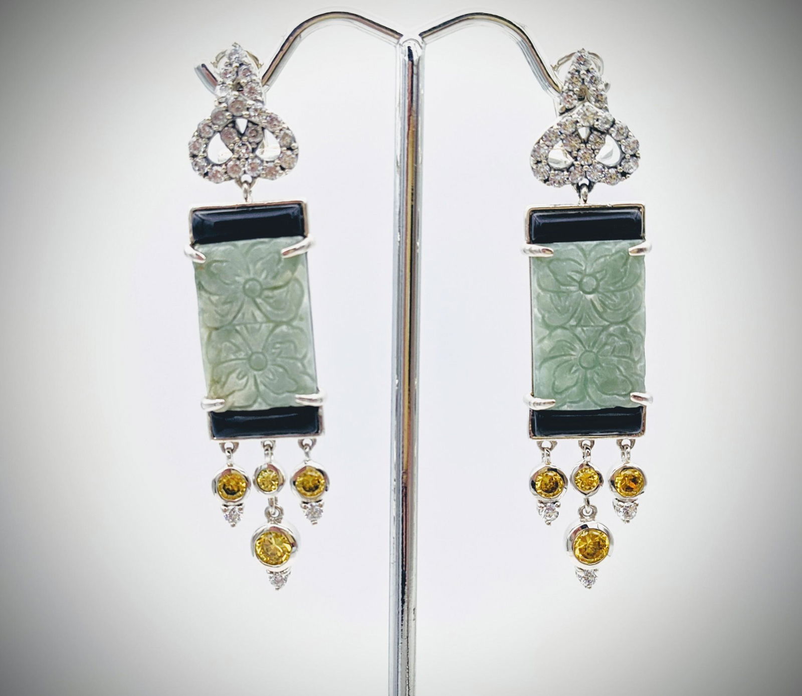 Sterling Silver Engraved Jade Earrings w Peridot, CZs & (1 of 3)
