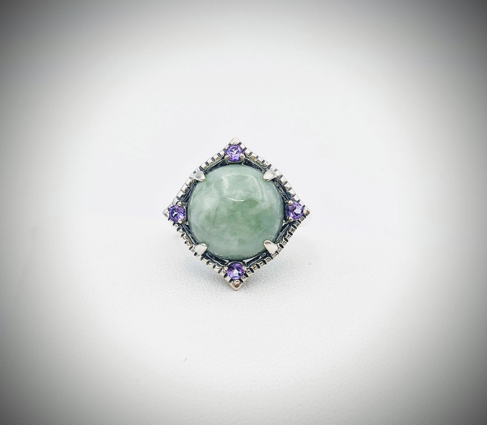 Sterling Silver Sz 8 Baroque Style Jade & Amethyst Ring (1 of 4)