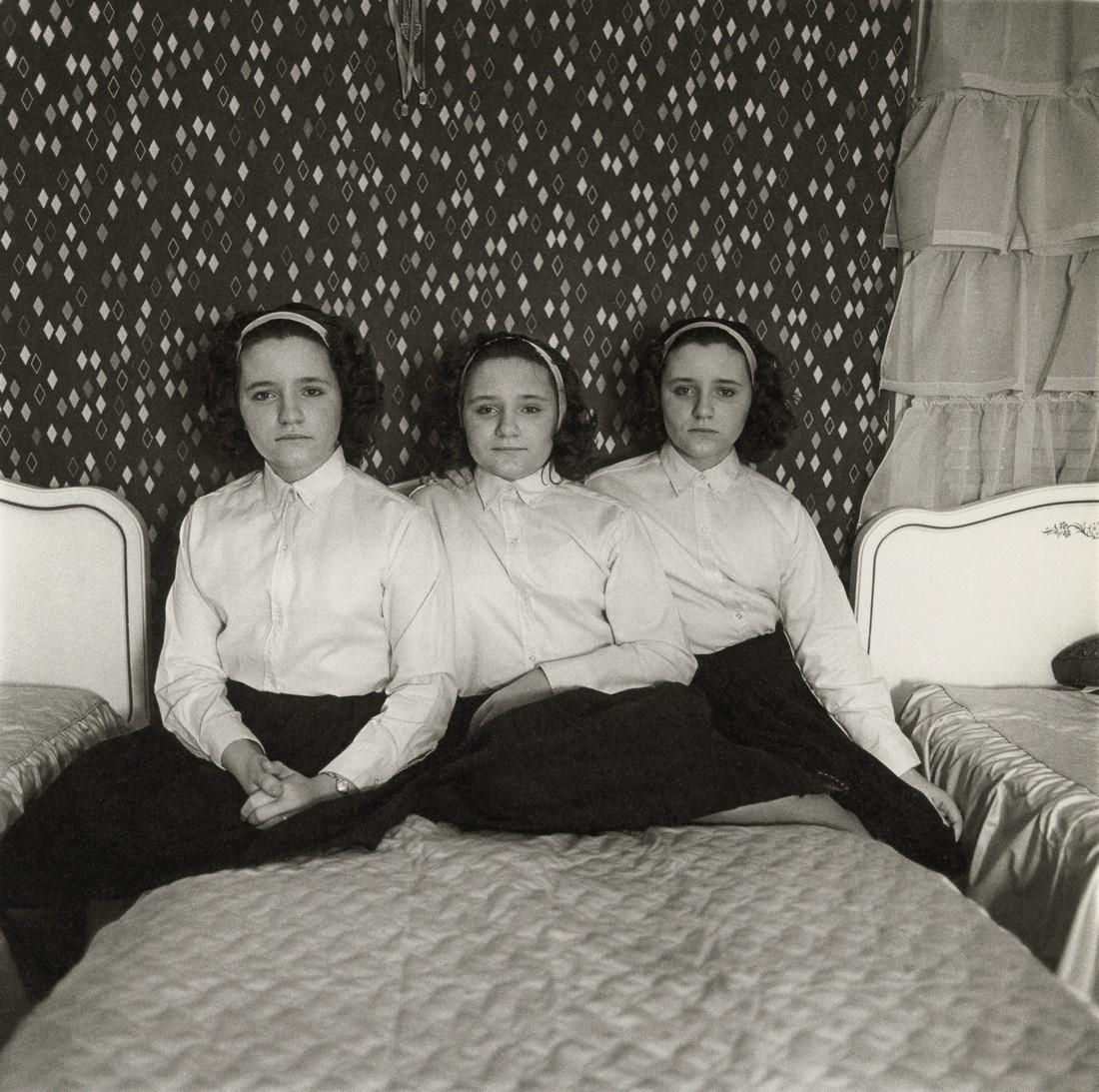 DIANE ARBUS - Triplets in their Bedroom, N.J. 1963: Artist: Diane Arbus Title: Triplets in their Bedroom, N.J. 1963 Medium: Photo Litho, 2003, Germany Dimensions: 8.25x8.2" Additional Information: Heat Wax Mounted on 11x14" Conservation Board Artist Bi