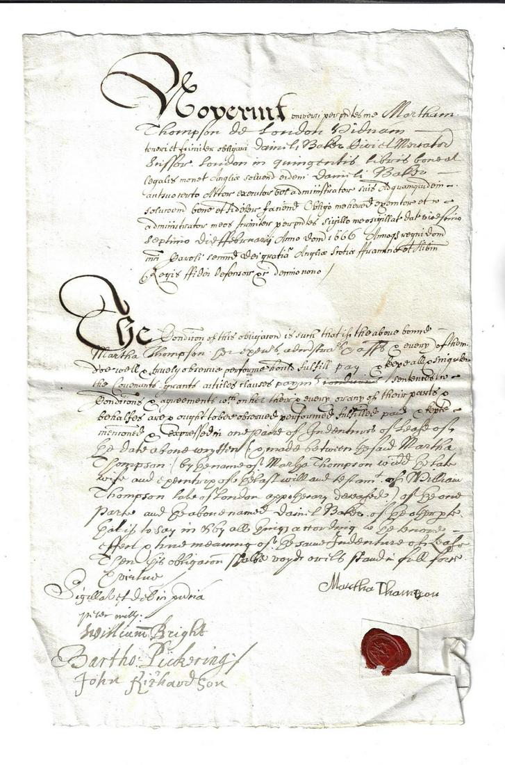 1666 English Obligation Bond London Red Wax Seal (1 of 1)