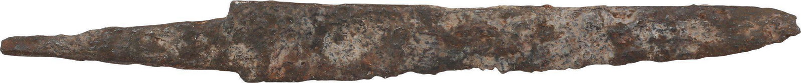VIKING SIDE OR POUCH KNIFE, 9th-10th CENTURY AD: The small personal knives that Vikings valued above the scramseax and with which they were buried. Proportioned for throat-slashing in a hand to hand fight. This example is just over 3 3/8” length w