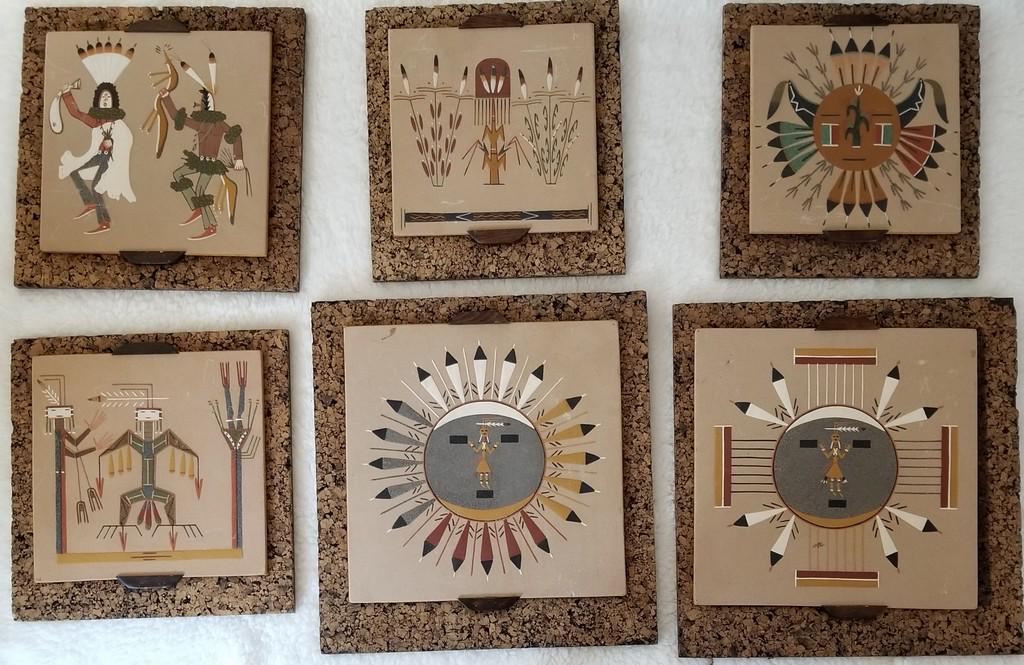 Wilson Price Navajo Sand Painting - Lot of 6: Title: Wilson Price Navajo Sand Painting - Lot of 6 Maker: Wilson Price Sr. Origin: New Mexico Date/Period: 1960s Materials: Sand and local dye from plants Size:17 x 17 x 1,5, 16 x 15 x 1.5 and 21 x 1