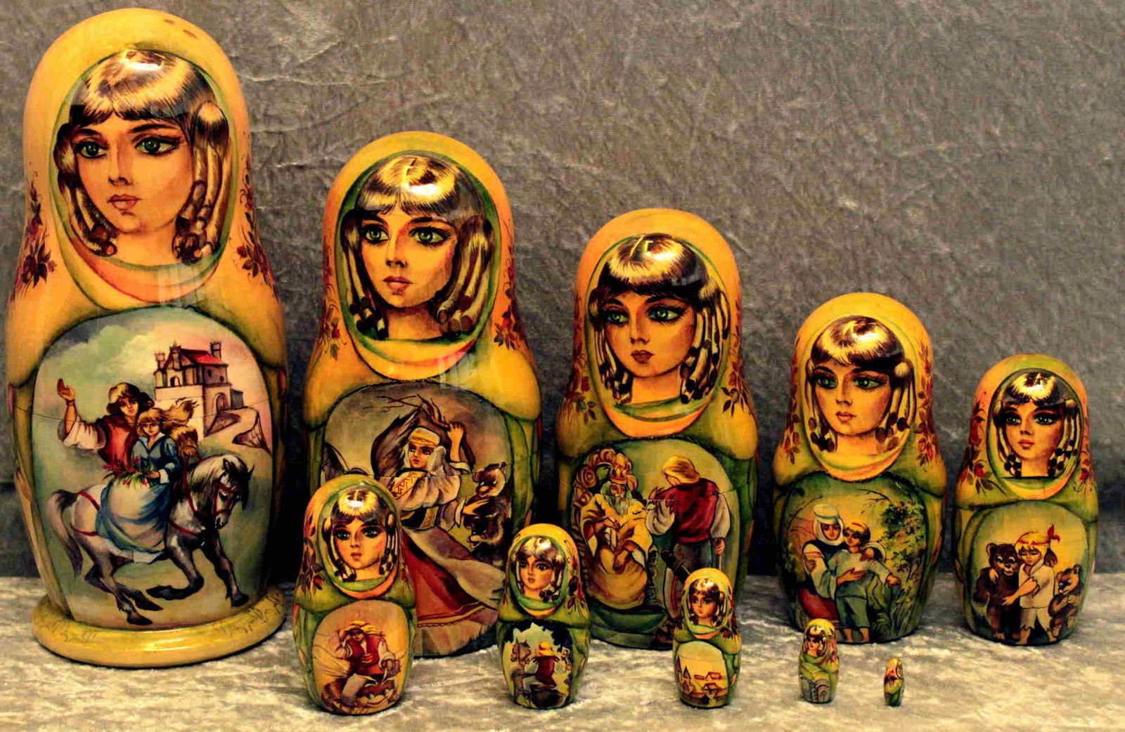 Matreshka, nesting doll: Dimensions: 0.0 × 12.0 × 26.0 cm Matreshka, Russian hand-made and hand-painted nesting doll, Stacking doll .; 10 dolls with different Fairy tales . Reserve: $450.00 Shipping: Domestic: Flat-rate of