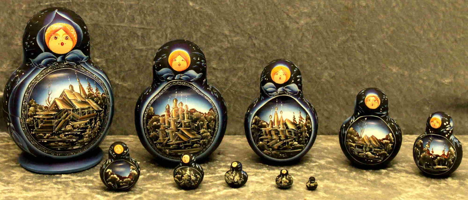 Matreshka, nesting doll: Dimensions: 0.0 × 9.0 × 14.0 cm Matreshka, Russian hand-made and hand-painted nesting doll, Stacking doll; 10 pieces with different landscapes Reserve: $240.00 Shipping: Domestic: Flat-rate of $50.0