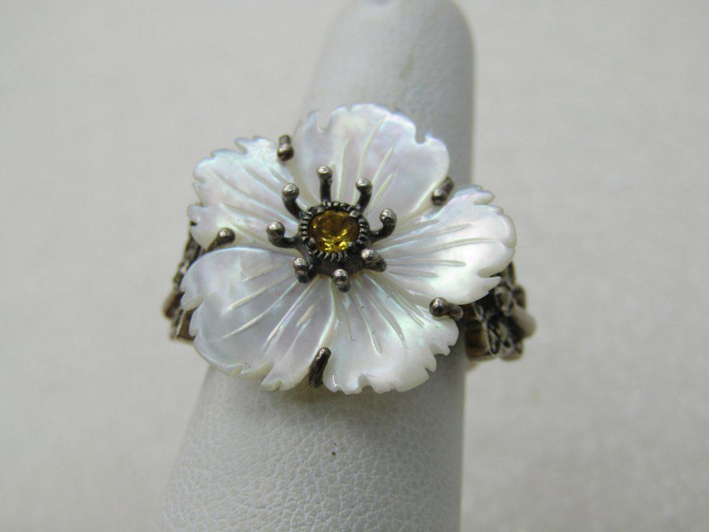 Vintage Sterling Floral MOP Ring, Citrine and Marcasite (1 of 9)
