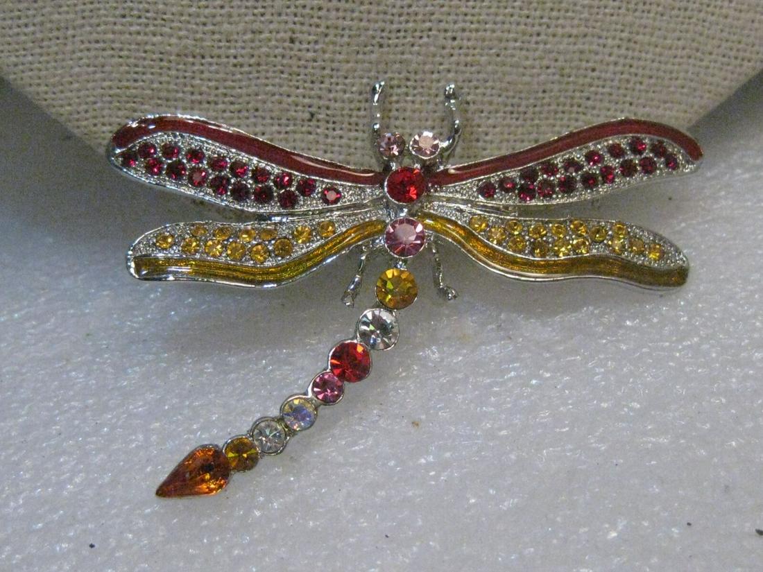 Rhinestone Dragonfly Brooch, Red/Yellow, 2.5" Wide, (1 of 5)