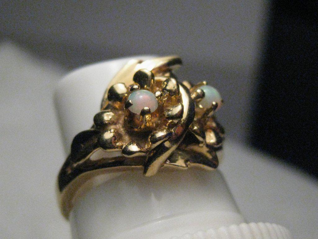 Vintage 14kt Opal Ring, Floral Setting, 1960's, sz. (1 of 8)