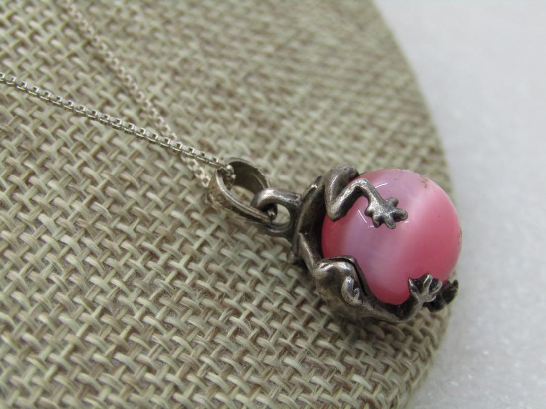 Vintage Sterling Frog Pink Cat Eye Necklace, 17", Orb (1 of 7)