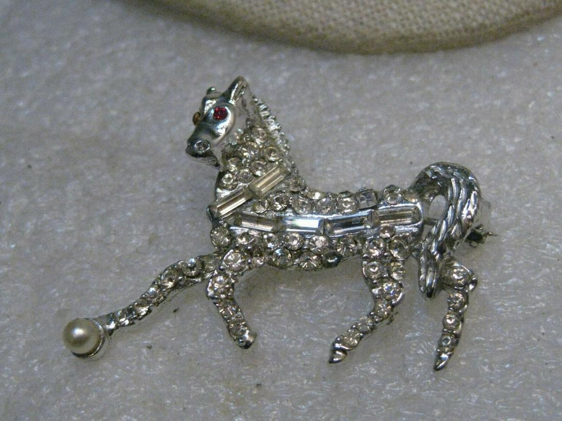 Vintage Rhinestone Horse Brooch, Red Rhinestone Eyes, (1 of 9)
