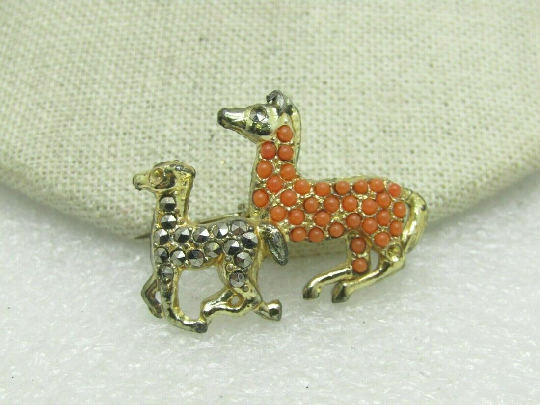 Vintage Horse Mom & Colt Brooch, Marcasite & Orange: Vintage Horse Mom and Colt Brooch - running positions, the colt has marcasite accents and the mom orange beaded accents. 1960's, gold tone. The colt was missing the marcasite eye which has been has be