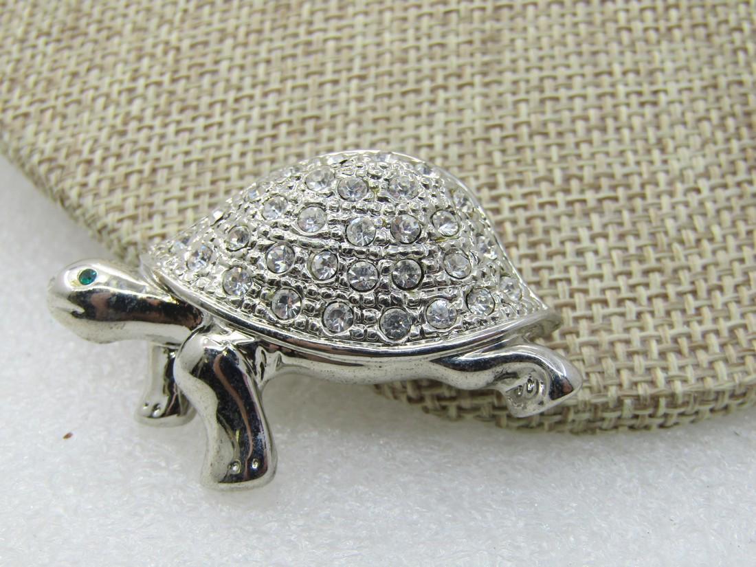 Vintage Rhinestone Turtle Brooch, Silver Tone, (1 of 3)