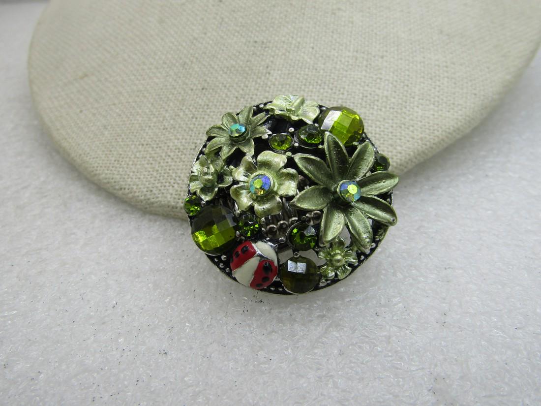 Green Rhinestone Floral Stretch Ring, Sz. 6 to 12, (1 of 6)