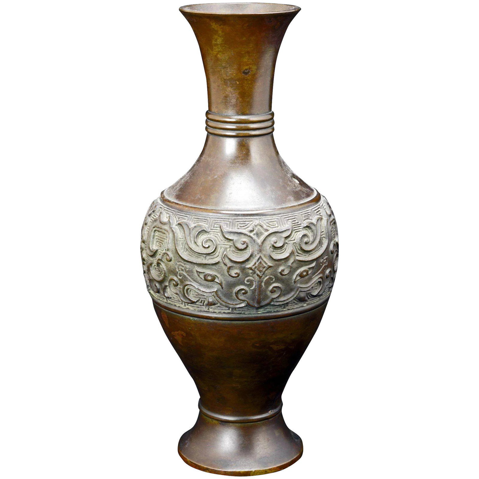 Japanese Meiji Bronze with Taotie Mask Design: Japanese bronze in an archaistic Chinese design that was made in the late Meiji period, during the early 20th Century. A heavy bronze vase with a deeply molded archaistic design of Taotie masks and em