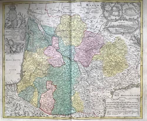 French region of Aquitaine, 1762 by Homann Heirs: Title: French region of Aquitaine, 1762 by Homann Heirs Date/Period: 1762 Materials: Copper plate engraved Size: 24 x 20 1/2" 1762, by J. B. Homann & Homann Heirs, from "Atlas Homannianus Mathematico-