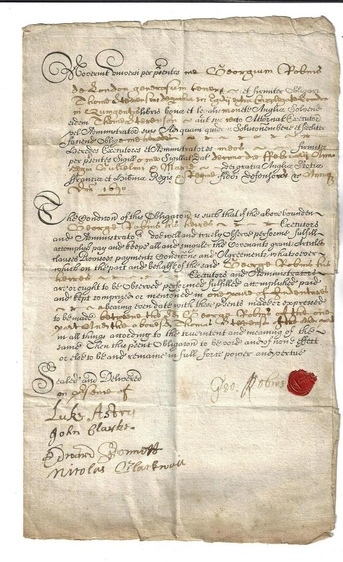 1690 English Obligation Bond Seal: English Obligation Bond dated 1690 during the reign of William and Mary pertaining to Citizens of London. Signatures including witnesses. One red wax seal with impression of an anchor. Partially print