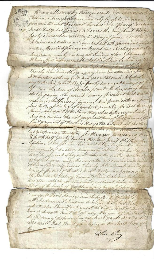 1754 Heritable Bond Property Dumferline Scotland: Three page manuscript Heritable Bond for property pertaining to the Rye family of Dumferline, dated 1754, Very Good with wear. Embossed revenue stamp. Measures 8 x 13". Reserve: $15.00 Shipping: Domes