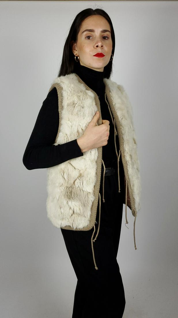 White Rabbit Fur Gilet: Title: White Rabbit Fur Gilet Dimension: Size S; Important details , (measurements are approximate):Length from collar:60cm,23.62in; Shoulder width:38cm,14.96in; Chest:92cm,36.22in; Botton Sweep:45cm,