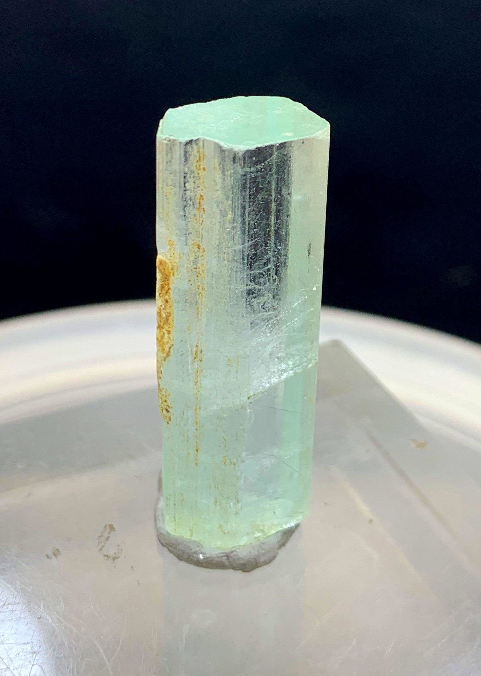 Undamaged and Terminated Aquamarine Crystal, Top Color: Undamaged and Terminated Aquamarine Crystal, Top Color and Clarity, 56 CT, 39x14x11 MM Crystal : Aquamarine Origin : Pakistan Weight : 56 Carat Measurement : 39x14x11 MM Standard Shipping Reserve: $60
