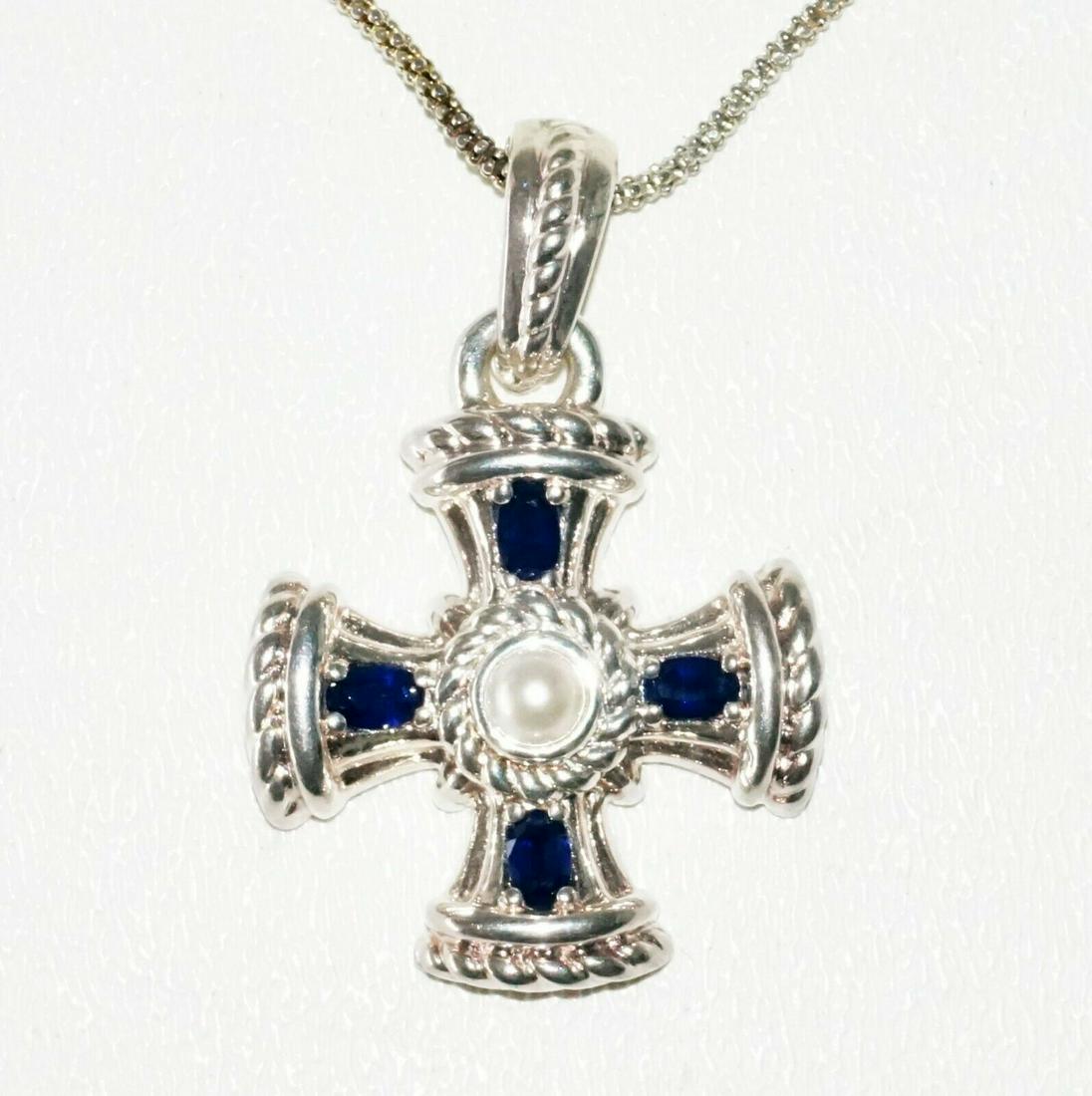 Italy Silver Necklace & Cross Pendant Pearl 4 Sapphires (1 of 11)