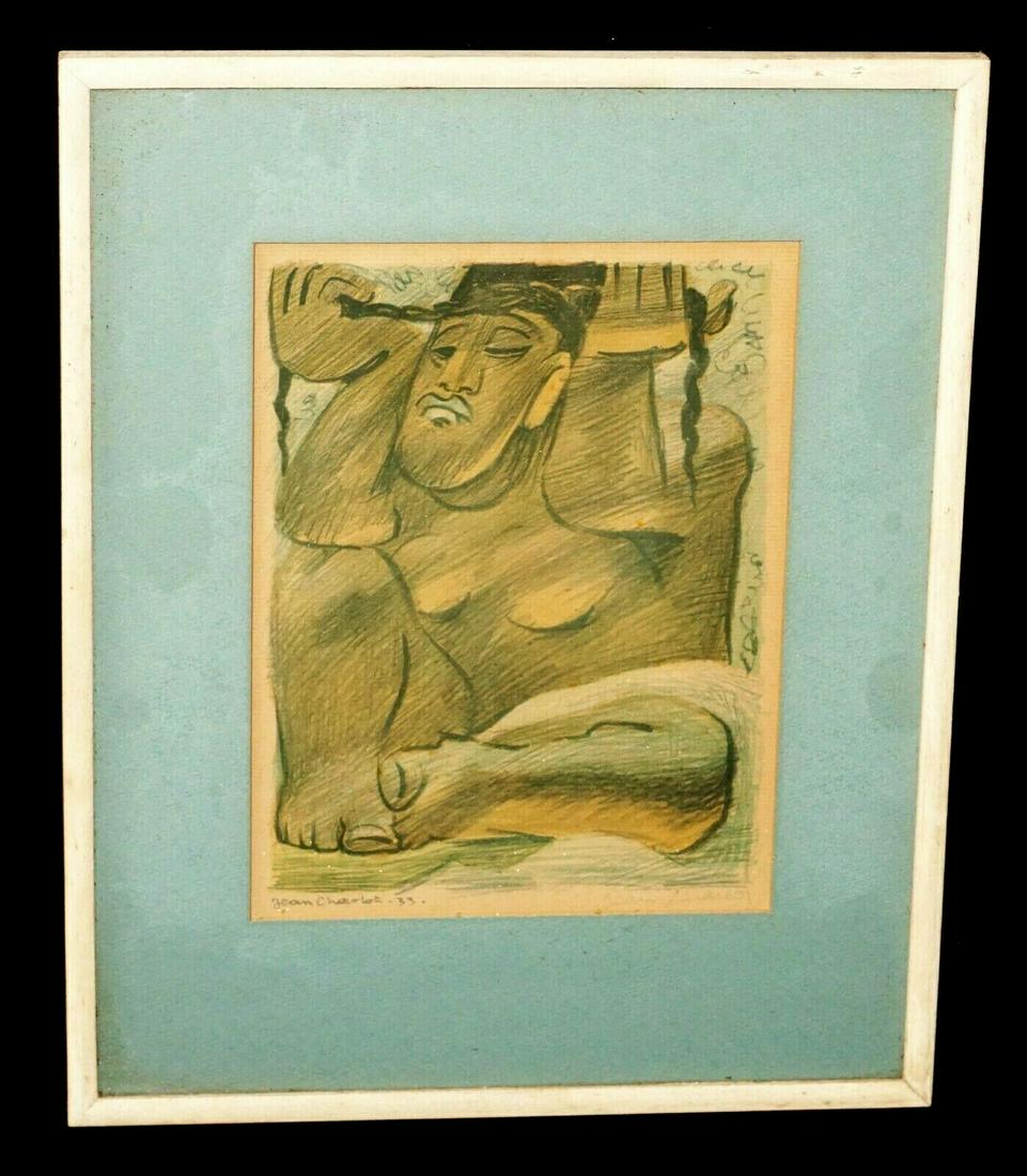 1933 Mexico Print Seated Female Figure by Jean Charlot: Up for sale from a local estate in Honolulu Hawaii this 1933 Mexican framed color print that is untitled but depicts a seated female figure attending to her hair and was created by well known artist J