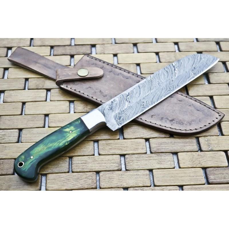 Kitchen chife damascus steel knife sharp hard wood: Knife"Branco"made of damask steel. Handle –hard wood and scabbard - genuine leather. Damascus knives are very durable, look great and keep sharpness perfectly. Damascus steel has high quality conten