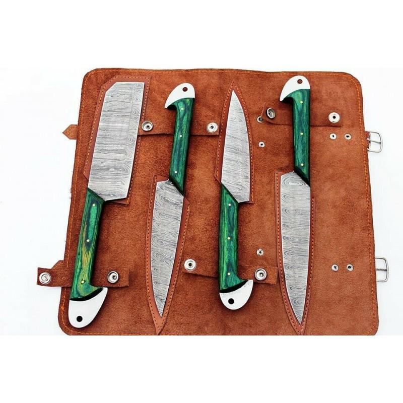 Set of 4 chef kitchen damascus steel knife wood butcher (1 of 7)
