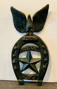 1904 GOOD LUCK Eagle: Title: 1904 GOOD LUCK EagleDimension: 10 in. x 5 in.Date/Period: Early 20th cAdditional Information: Cast iron, horseshoe motif, rare dated form. Shipping:Domestic: Flat-rate of $25.00 to anywhere