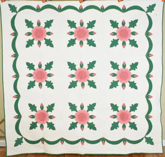 30's Rose Applique Quilt, Amazing Quilting: Cotton 20's "Mahoning Rose" Quilt, all hand appliqued and hand quilted, with hand embroidered "buttonhole" stitching around the applique and a scalloped edge. It measures 86" X 86" and is in