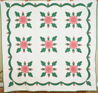 30's Rose Applique Quilt, Amazing Quilting: Cotton 20's "Mahoning Rose" Quilt, all hand appliqued and hand quilted, with hand embroidered "buttonhole" stitching around the applique and a scalloped edge. It measures 86" X 86" and is in