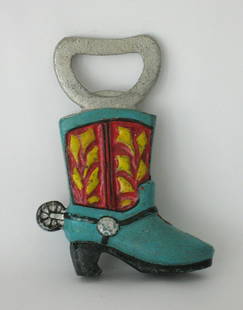 Cast Iron Cowboy Boot Bottle Opener.: Title: Cast Iron Cowboy Boot Bottle Opener.Dimension: 3" x 4"Date/Period: 1960'sAdditional Information: Vintage cast iron cowboy boot shaped bottle opener in original paint. Shipping:Domestic: