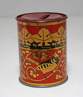 Tin Penny Bank w/ Cardinal or Blue Jay Birds: Title: Tin Penny Bank w/ Cardinal or Blue Jay BirdsDate/Period: Circa 1940’s.Dimension: 2 7/8" tall x 2 1/4" diameter.Additional Information: Eye-appealing, colorful Tin Cylinder Antique Penny Bank