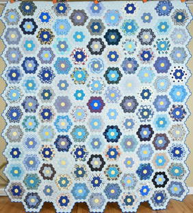 40's Flower Garden Quilt, Nice Blues: 40's flower garden quilt, all hand pieced and hand quilted, with multiple shades of blue and a scalloped edge. The hexagon pieces measure 1" per side, and whimsical novelty prints were used in places.