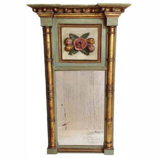 Pastel Decorated Federal Mirror: Title: Pastel Decorated Federal MirrorMeasurements (mirror): 19" wide at the crown by 31 1/2" tallAdditional Information: This is a wonderful early Federal period mirror, with original carved floral