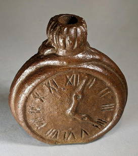 Faux Watch Small Flask: Title: Faux Watch Small FlaskDimension: 3" H x 2 1/2" DAdditional Information: Faux Watch Small Flask pottery in brown glaze. c. 1840. Shipping:Domestic: Flat-rate of $25.00 to anywhere within the