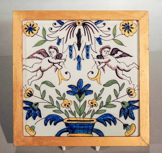 Framed Dutch Tile With Angels: Title: Framed Dutch Tile With Angels Date/Period: Dimension: 5 1/4" H x 5 1/4" D Additional Information: Framed Mid-19th c. Dutch Delft Tile with angels & flower bouquet in a basket (perfect little co