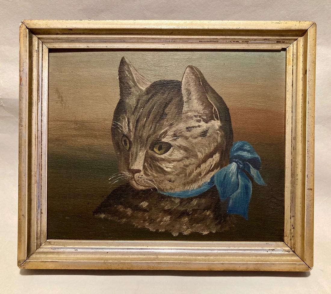 19thc Tabby Cat With Blue Bow Original Oil On Artist (1 of 4)
